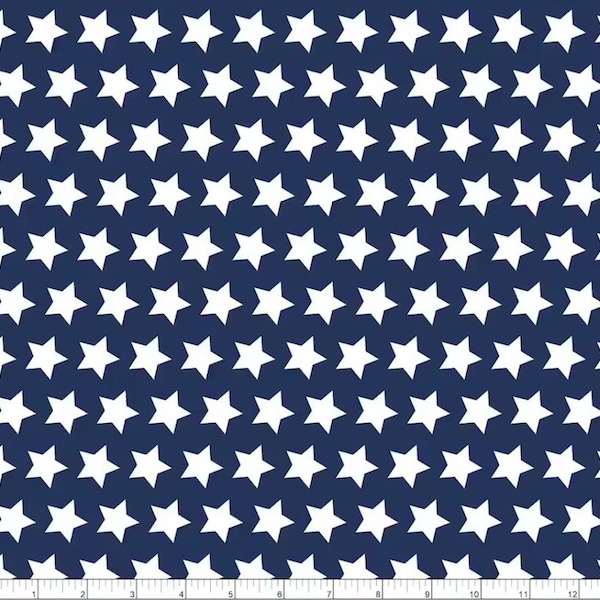 Star Fabric by the Yard, 4th of July Patriotic USA, White Stars on Navy, American Flag Print, Riley Blake Designs, Celestial Quilting Woven