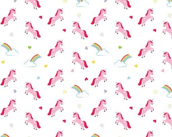 Once Upon a Time White UNICORN Flannel Fabric Riley Blake, Rainbows Clouds Horses Hearts, 100% Cotton Flannel Quilting, Little Girls Fabric