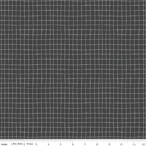 May include: Dark gray fabric with a white grid pattern. The fabric has a hand-drawn look, with slightly uneven lines. The bottom of the image shows inches, with the text "Riley Blake 2 Designs".