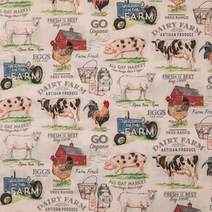 Farmhouse Dairy Farm Fabric Cow Fabric by the Yard Tractor Rooster Red Barn Fabric Pig Quilting Cotton Fabric for Quilts Farm Theme Apparel