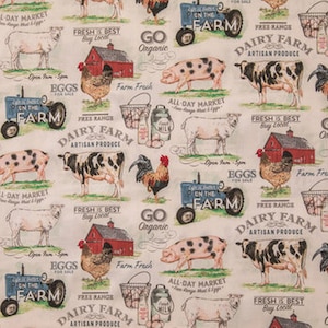 Farm House Fabric, Dairy Farm Fabric, Cow Fabric by the Yard, Tractor Fabric, Rooster Fabric Red, Barn Fabric, Pig fabric, Quilting Fabric