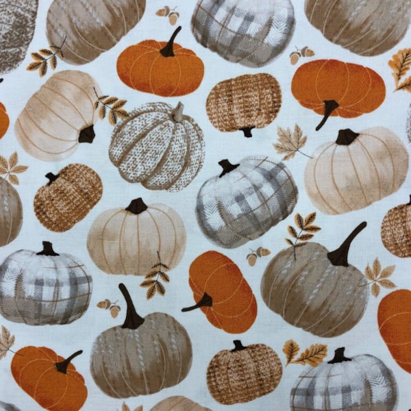 Textured Pumpkin Fabric, Cotton Quilting, Thanksgiving Fabric, Fall Holiday Seasonal, Home Decor, Plaid Sweater Ivory Orange Tan, Farmhouse