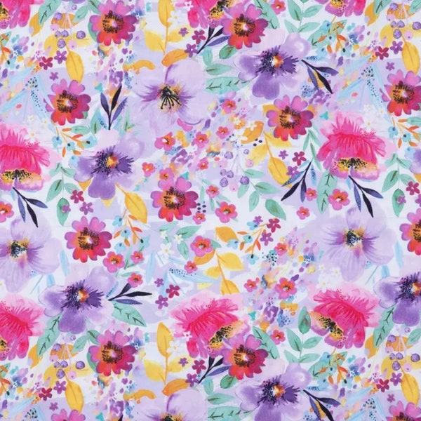 Bright Watercolor Floral Fabric, Pink Purple Flowers, Baby Girl Nursery Quilt Fabric, Quilting Cotton Apparel Dresses, Shabby Chic Fabric