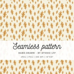 Op de afbeelding: Een naadloos patroon met handgetekende goudbruine eikenbladeren verspreid over een lichtcrème achtergrond. Een witte horizontale band in het midden toont de tekst: Seamless pattern, HAND-DRAWN - BY STUDIO LYF, JPEG | PNG | 300 DPI | 25,4 cm x 25,4 cm.