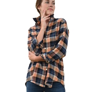 Women&#39;s Plaid Cotton Shirt, A Plaid Button Up shirt, An Orange and Navy Blue Plaid Shirt