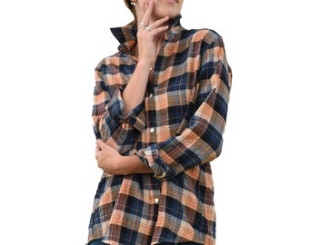 womens orange and white plaid shirt
