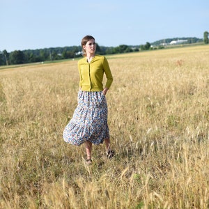 Women Tiered Cotton Midi Skirt, A Floral Print Cotton Midi Skirt with Pockets