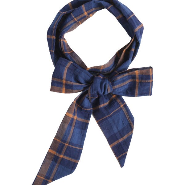 Plaid Skinny Scarf, 100% Cotton Skinny Scarf, Navy Blue Gold Plaid Skinny Scarf