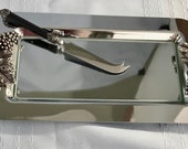Beautiful SILVER CHEESE TRAY with Silver Black Knife, Glass Inlay and Decorative Grapes Leaves Handles