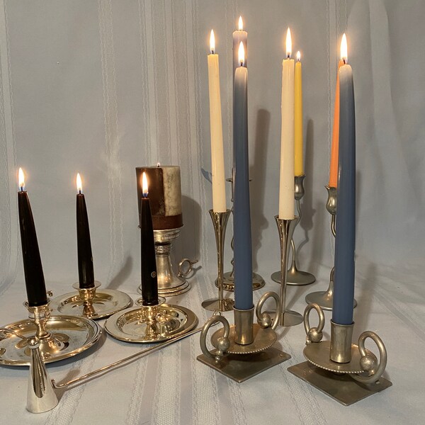 Variety of Silver Candle Stick Holders, Chamber Style ,Mid Century Modern Style, Norleans - Italy, Buenilum Aluminum & Candle Snuffer 9.99+