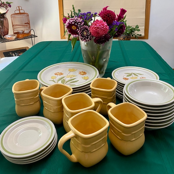 COUNTRY CASUAL SUNNYVALE,Hand Painted Stoneware, Japan. Dinner Plates,Dessert Plates,Soup/Cereal Bowls, 6 16oz Mugs Longaberger Pottery Mugs