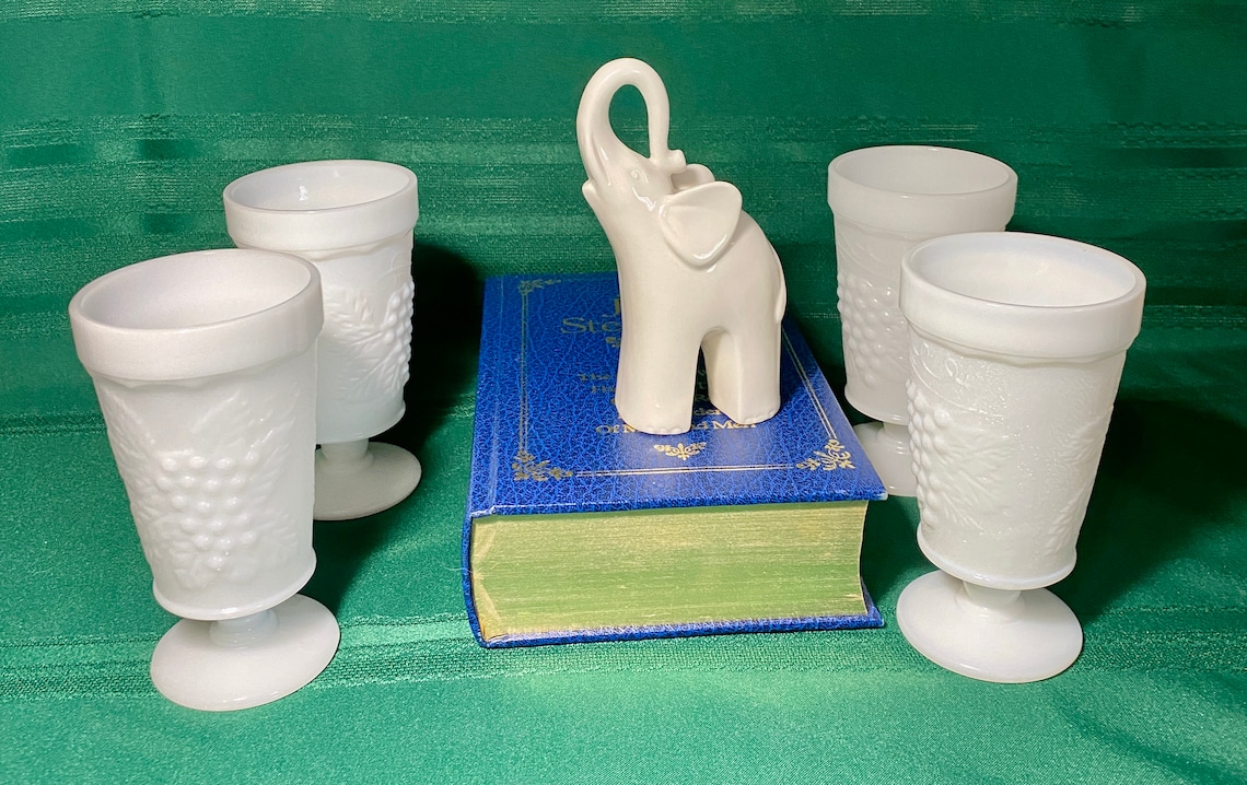 Vintage Set of 4 White MILK GLASS Footed DRINKING Glasses Etsy