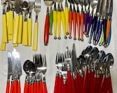 3 Sets of Different Vintage SILVERWARE FLATWARE,PLASTIC Handles 1 Set Red Handles, 1 Set Yellow Orange Handles 1 Set Multiple Color Handles