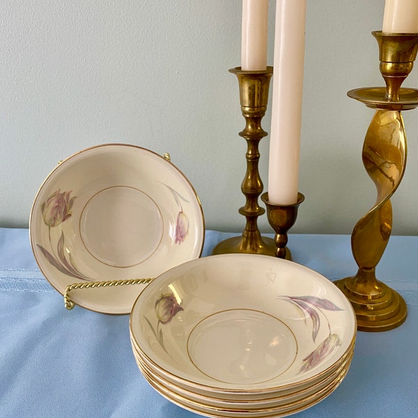 Rare Eggshell Nautilus by HOMER LAUGHLIN, Set of 5 Dessert/Berry Bowls , with Beautiful Pink and Lavender Tulips with Gold Trim
