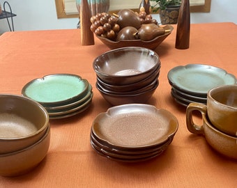 FRANKOMA POTTERY, Green, Brown. Dessert Plates, Cereal/Soup Bowls. Handled Soup Bowls/Large Coffee Mug