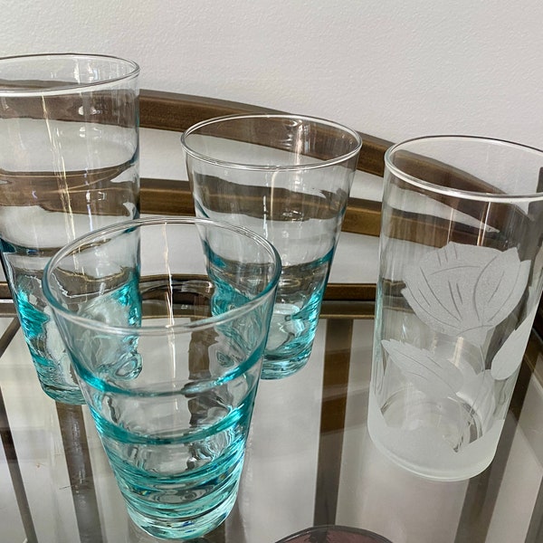 LIBBY FLARED Top BLUE Ribbed Beverage Glasses. 6 16oz Water Glasses, 4 12oz "On The Rocks" Glasses,  2 12oz Juice Glasses