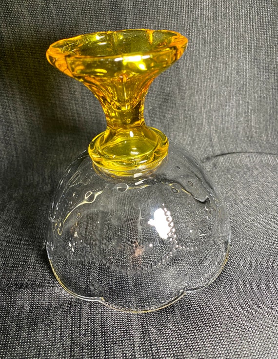 Clear Glass Bowl Rare Vintage Beautiful Glass Set of 3 Footed ICE CREAM BOWLS with Yellow Flared Stem