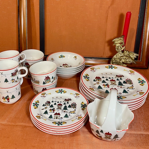 JAMESTOWN, "The JOY of CHRISTMAS" Dishes, Oval Flower Vase, 4 Dessert Plates 4 Cereal Bowls,Creamer,4 Coffee Mugs, Candy Dish