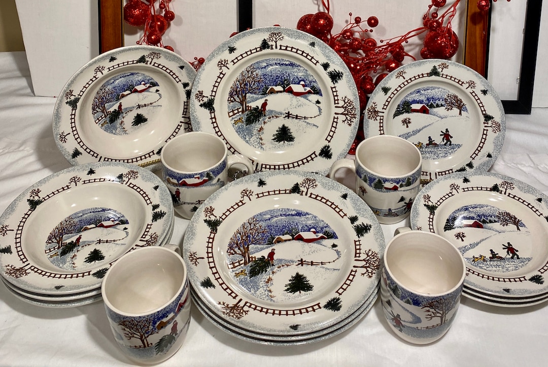 FOLKCRAFT STONEWARE winter Side Pattern, 4 Dinner Plates, 4 Luncheon Plates, 4 Soup/salad/cereal