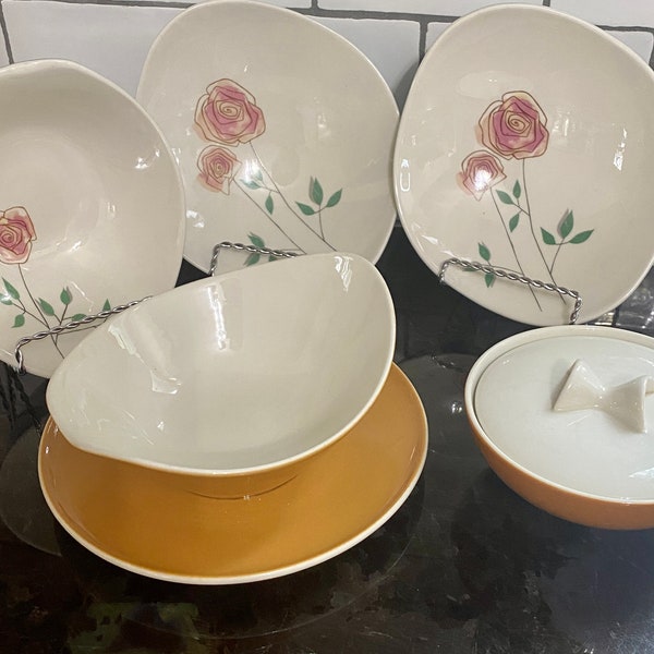 IROQUOIS INFORMAL True China, Turquoise,Pink Flower Cereal/Soup Bowls,  Gravy/Sauce Bowl with Plate,  Sugar/ Relish /Sauce bowl.