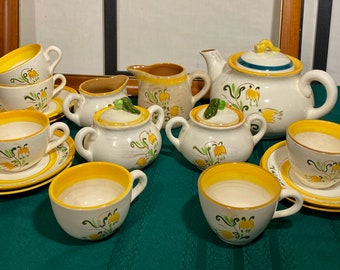 Rare Set of STANGL POTTERY, Vintage and Hand Crafted Stenciled "Tulip Pattern" Teapot, Cups Saucers, Creamer & Sugar, Syrup/ Creamer