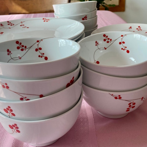 Gourmet Basics by MIKASA, RED BERRIES Pattern, Cereal/Soup Bowls, Dinner Plates,Lunch Plates