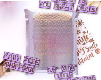 Lavender Holographic 6.5"x9" Bubble Padded Poly Mailers / Fast FREE Shipping / Bubble Padded Shipping Envelopes