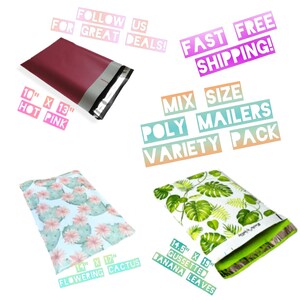 May include: A variety pack of colorful poly mailers with different designs. The mailers are made of plastic and have a self-sealing adhesive strip. The designs include a hot pink mailer, a mailer with a floral cactus pattern, and a mailer with a banana leaf pattern. The mailers are available in different sizes. The text on the image reads "Mix Size Poly Mailers Variety Pack".