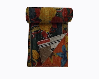Handmade Kantha Quilt Indian Cotton Bedspread Bedding ,throw, bed cover , coverlet , twin size quilt