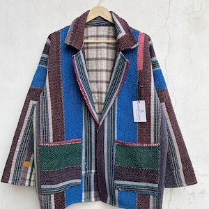 Vintage Kantha Quilt Jacket, Patchwork Boho Embroidered Blanket Fabric Coat