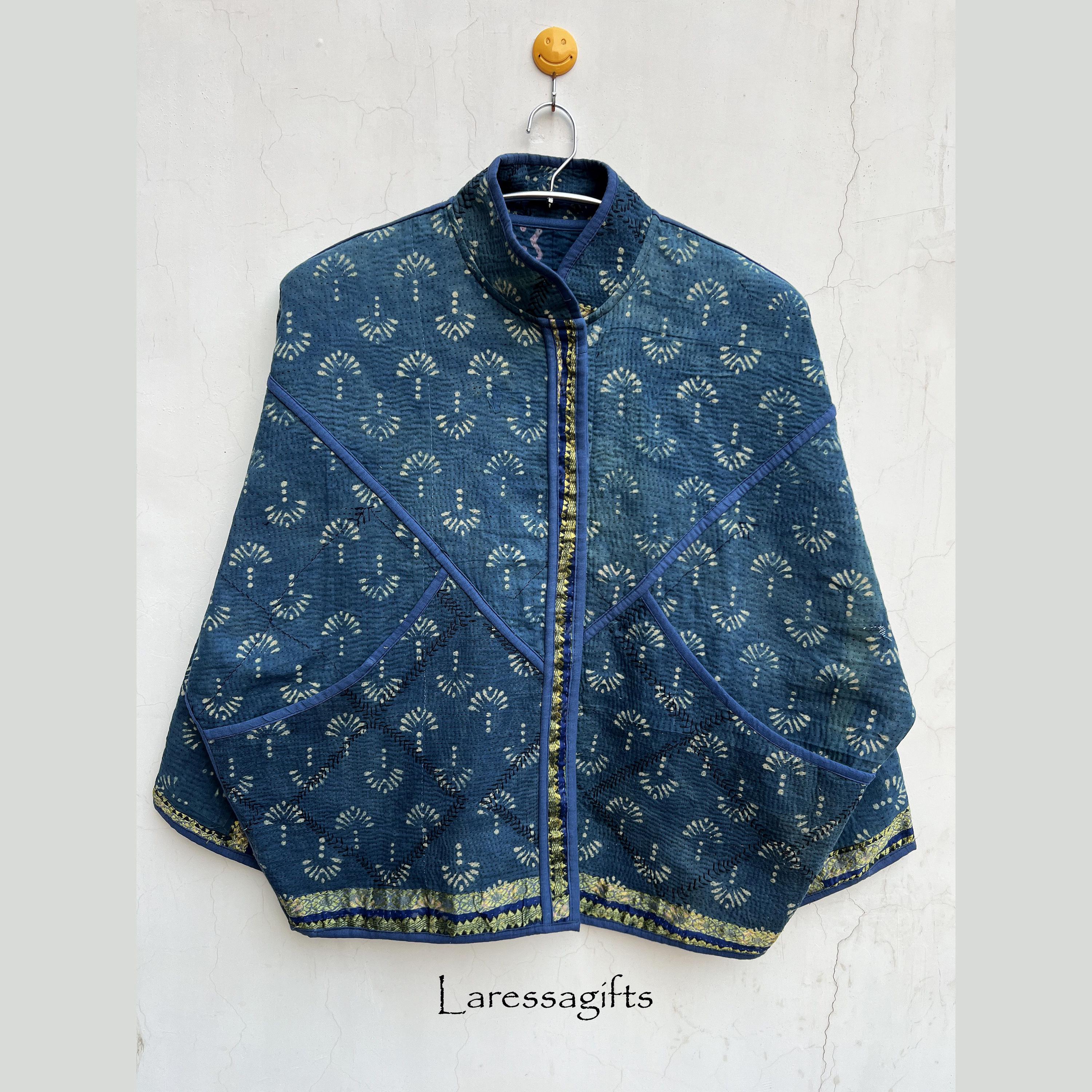 Exclusive Collection: one-of-a-kind Handmade Vintage Kantha Jacket - Indigo Designer Boho Hippie Women's Jacket from Kantha Blanket