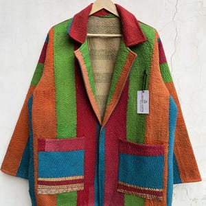 Vintage Kantha Quilt Jacket, Patchwork Boho Embroidered Blanket Fabric Coat