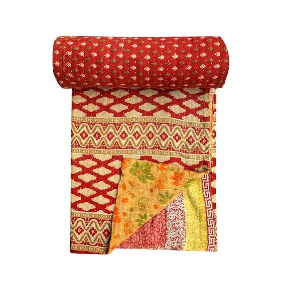 Reversible Kantha Blanket Vintage Kantha Quilt Sari Kantha Throw Handmade Kantha Bedspread Cotton Kantha Bed Cover