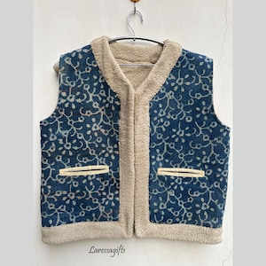 Kantha Faux Fur Short Jacket | Embroidered Cotton Waistcoat | Cozy Floral Vest with Fur Lining | Unique Gift for Loved Ones