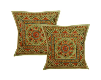 Hand Embroidered Mirror Work Cotton Cushion Cover Set (16x16 inch)