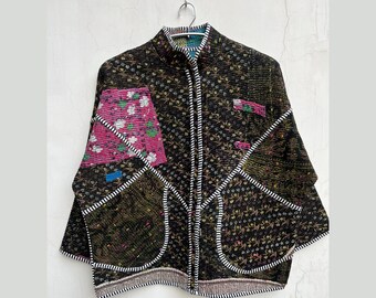 Chaqueta Kantha de patchwork: un abrigo de sari vintage único.