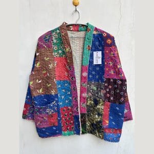 Handmade Kantha Quilted Jacket: Reversible Bohemian Kimono