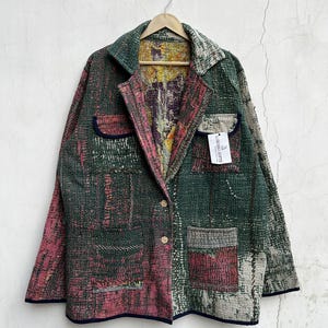 Vintage Kantha Quilt Blazer: Patchwork Boho Embroidered Blanket Fabric Coat