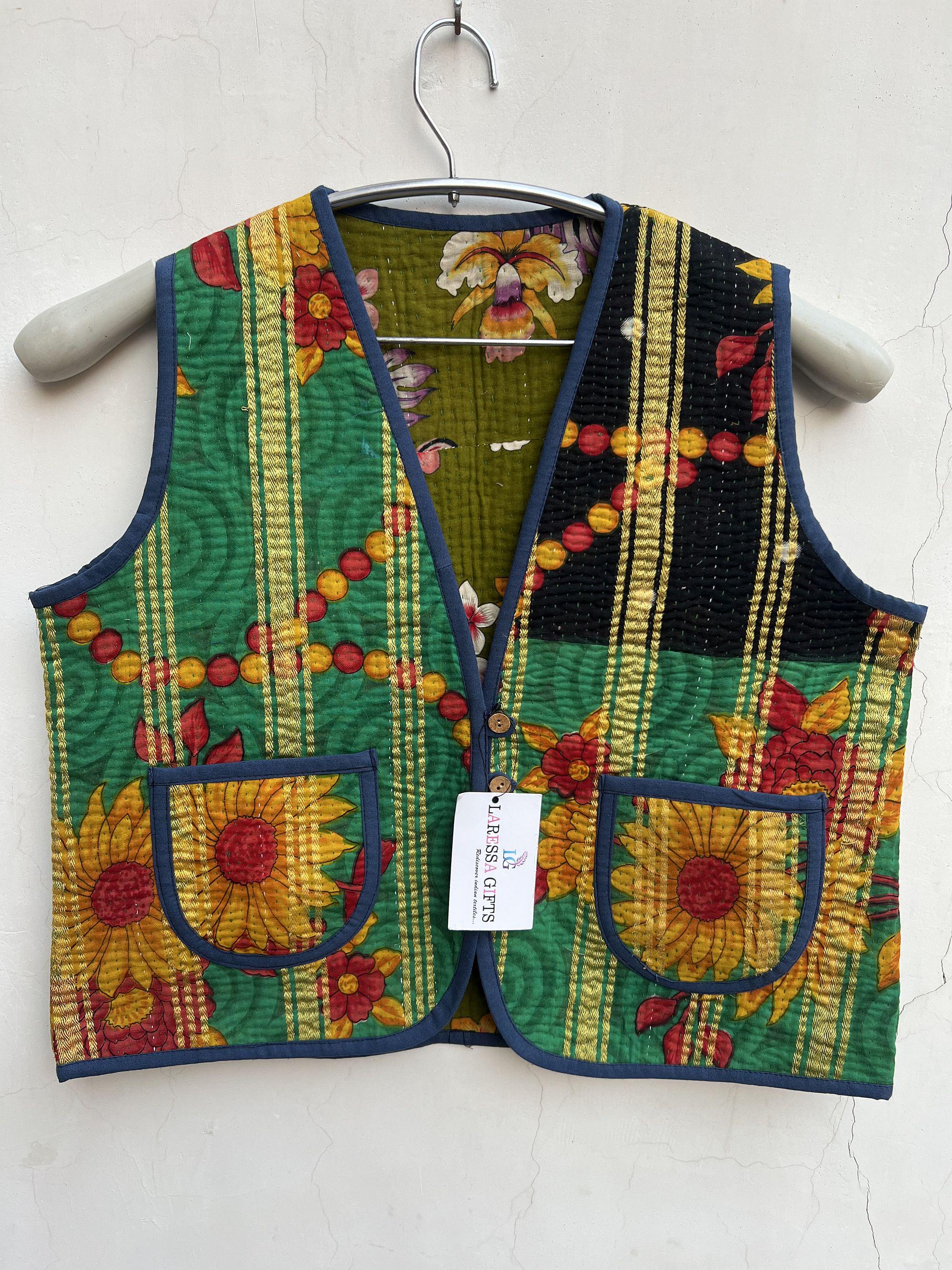 ヴィンテージカンタキルトベスト：手作りのボヘミアンヒッピースタイル