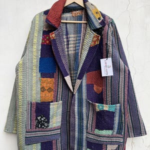 Vintage Kantha Quilt Blazer: Patchwork Boho Embroidered Blanket Fabric Coat