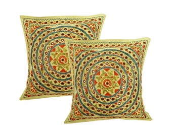 Handmade Indian Cushion Cover Set: Silk Embroidery, Mirror Work (16x16 inch)