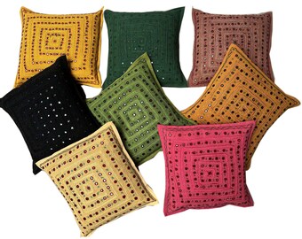 Indian Mirror Work Cushion Cover: Bohemian Embroidered Pillow (40x40 cm)