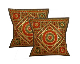 Hand Embroidered Mirror Work Cushion Cover Set: Cotton Pillow (16x16 inch)