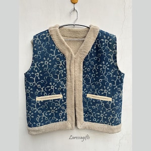 Kantha Faux Fur Short Jacket | Embroidered Cotton Waistcoat | Cozy Floral Vest with Fur Lining | Unique Gift for Loved Ones