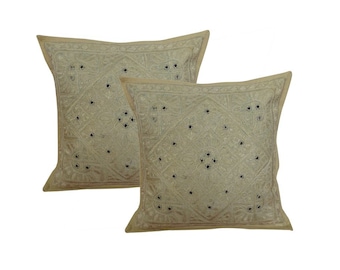 Handmade Embroidered Mirror Work Indian Cotton Cushion Covers (Set of 2)