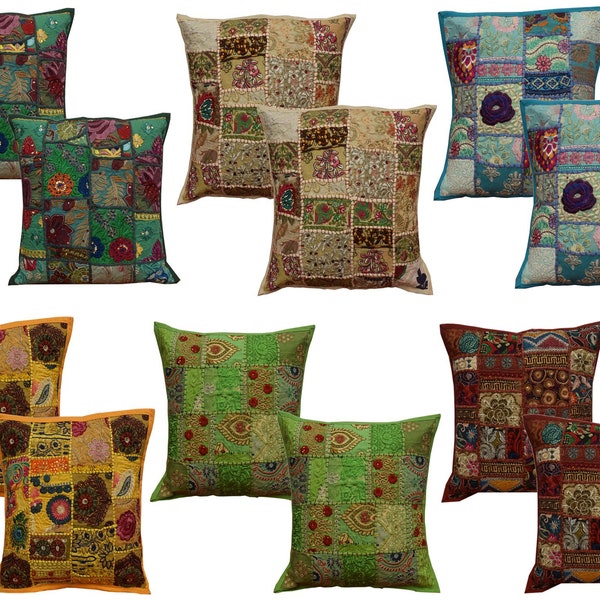 2pcs Wholesale Lot Assorted Sari Patchwork Cushion cover, Embroidered Patchwork Pillow Cover,Sari Cushion Cover,Decorative Throw Pillow