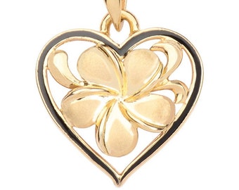 Hawaiian Heirloom Jewelry 14k Gold Plumeria Black Enamel Heart Pendant from Maui, Hawaii