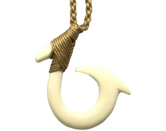 Hawaiian Jewelry Hand Carved ROUND Fish Hook White Buffalo Bone Hawaii Necklace From Maui Hawaii