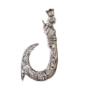 Hawaiian Heirloom Jewelry Sterling Silver Engraved Fish Hook Pendant from Maui, Hawaii