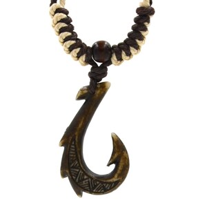 Hawaiian Jewelry Manu Makau Style Fish Hook Necklace with Hawaii Koa Wood Bead